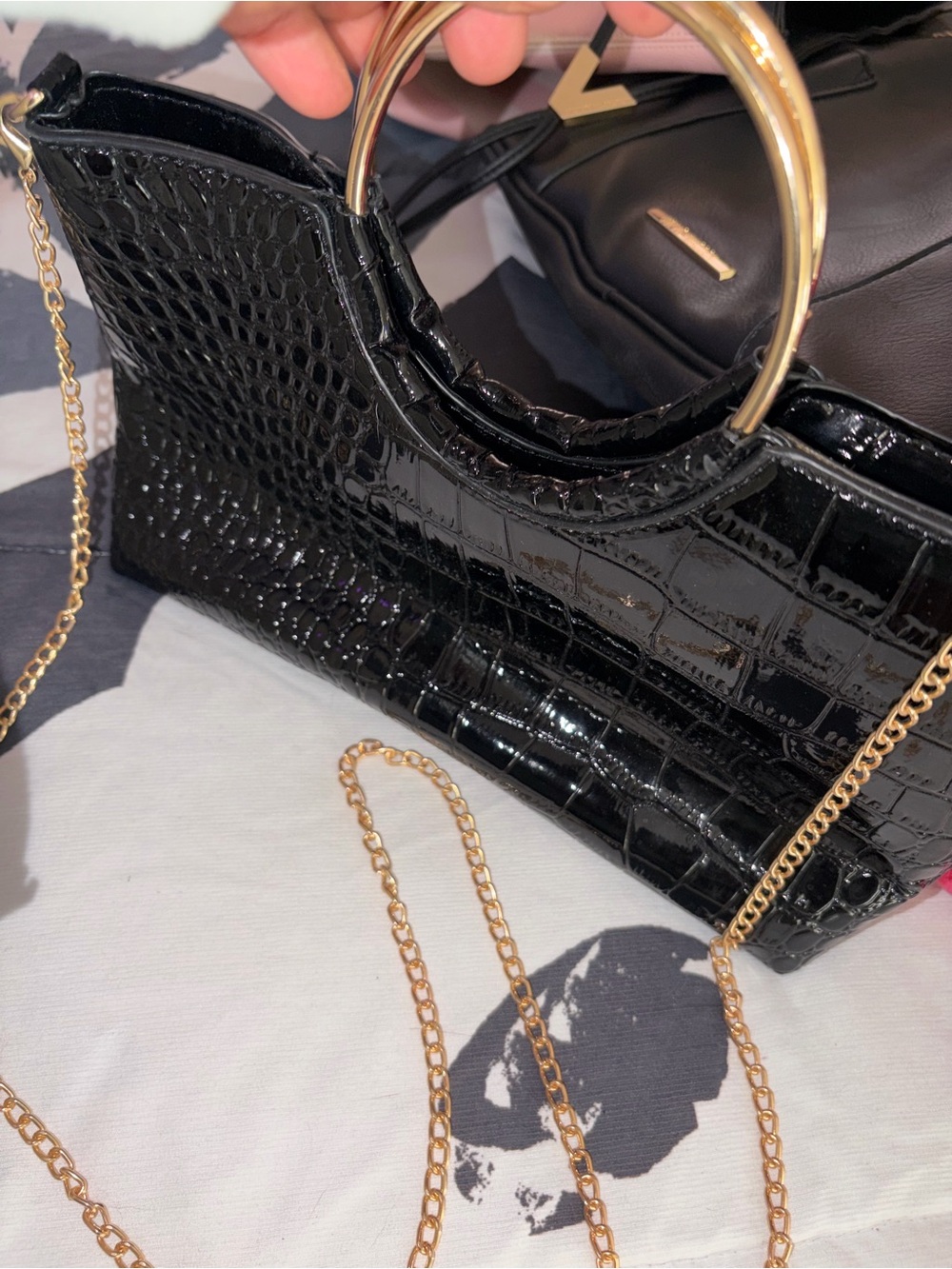Black Croc-Embossed Patent Leather Ring-Handle Shoulder Bag